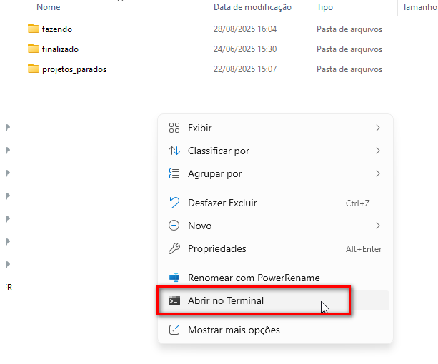 Abrindo o terminal na pasta para clonar projeto