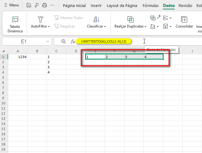 Iniciando a fórmula ext.texto para colunas